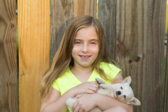 Blond kid girl hug a puppy dog happy chihuahua in backyard wooden fence