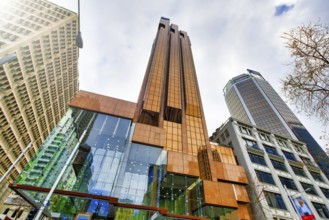 Street view of Auckland buildings in downtown on a cloudy day, New Zealand, Oceania