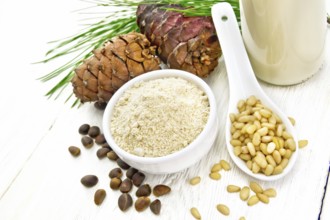 Cedar flour in a bowl, nuts and cones, a spoon with peeled nuts, pine branch and cedar milk in a