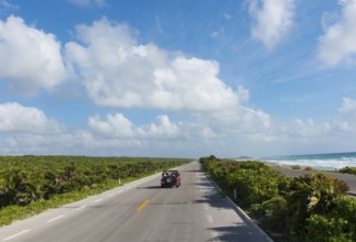 Open Top Red Jeep On Empty Seaside Road, Cozumel, Mexico, Central America