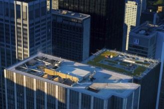 Manhattan skyscrapers roofs with fans, and steam, New York, USA, North America