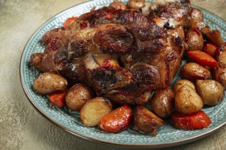 Pork knuckle baked with vegetables, new potatoes, on a plate, homemade, no people