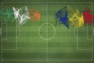 Ireland vs Romania Soccer Match, national colors, national flags, soccer field, football game,