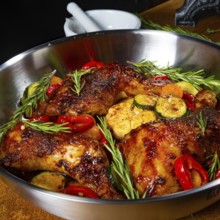 Roasted chicken legs with various vegetables and spices