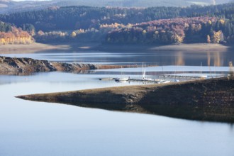 Sailing boats at the Marina, Biggetalsperre reservoir, Attendorn, North Rhine-Westphalia, Germany,