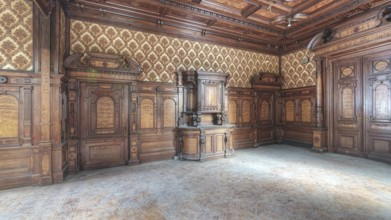 Vacant wooden room with complex pattern and beautiful stucco ceiling, traces of abandonment, Villa
