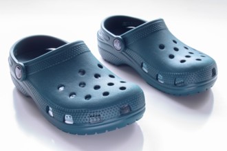 Calgary, Alberta, Canada. Nov. 19, 2020. Front View of Blue Crocs footwear, foam clog shoes on a