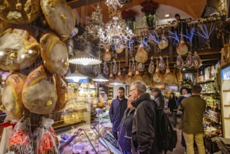 Shop selling cheese and ham in Bologna, Italy, Europe