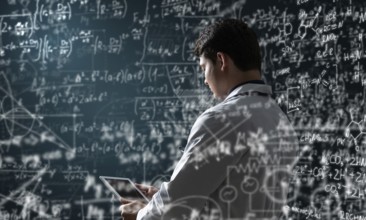 Scientist's work with formulas. Innovation in technology