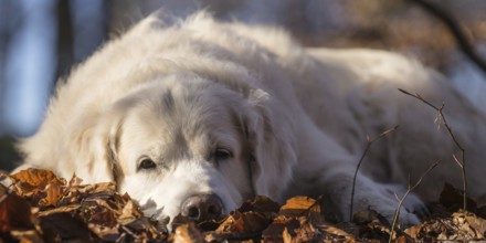 Golden Retriever lying in the leaves