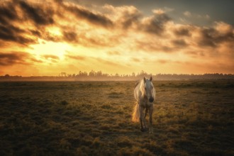 Horse in a Pasture with Orange Sunset