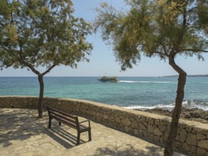 Two trees and a bench on a stone wall by the sea with a passing boat, sa coma, mallorca, spain