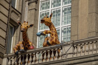 Two humorous giraffe sculptures on a balcony of a municipal building in front of large windows,