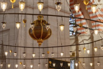 A picture of the colorful and gorgeous interior of the Suleymaniye Mosque, in Istanbul