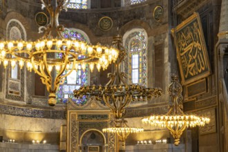 A picture of the colorful and gorgeous interior of the Hagia Sophia, in Istanbul