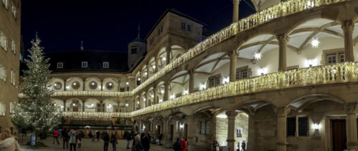 Panoramic photo of the Christmas decorated courtyard of the Old Palace at night, Stuttgart,