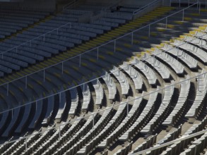 Empty stadium stands with regular patterns and shadows, Barcelona, Spain, Europe