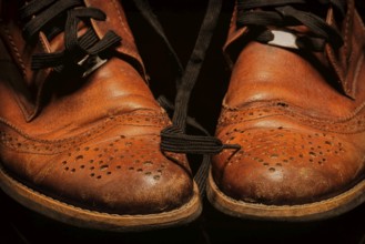 A pair of brown vintage leather shoes on a dark background. Beautiful leather shoes
