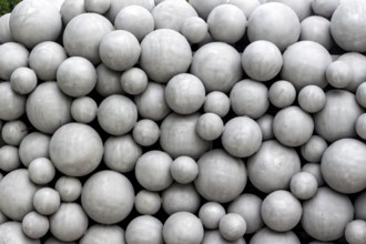 Spheres as a work of art in front of the new music theatre in Linz, Austria Austria