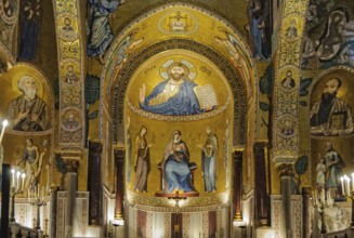 Medieval Byzantine style mosaic of Christ Pantocrator above the altar of the Palatine Chapel
