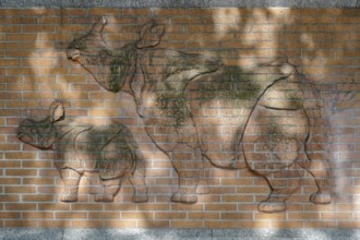 Berlin, Germany, 2014. Rhinoceros relief on the wall outside the zoo in Berlin, Europe