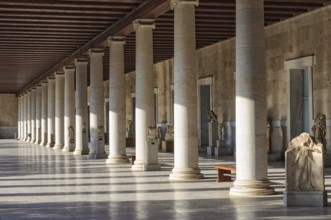 Columns inside the Stoa of Attalos, a covered walkway or portico, in the Agora, Athens, Greece,