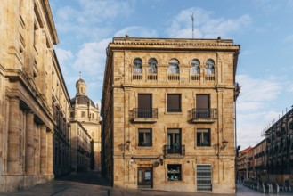 Salamanca, Spain, January 15, 2022: Cityscape of the old town of Salamanca with the church of La