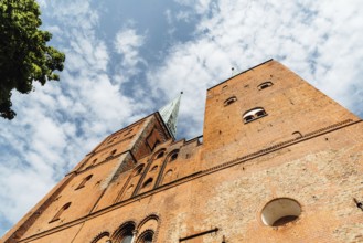 Low angle view of the towers of the Cathedral of Lubeck, Germany, Europe