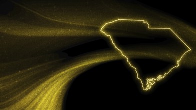 Map of South Carolina, Gold glitter map on dark background