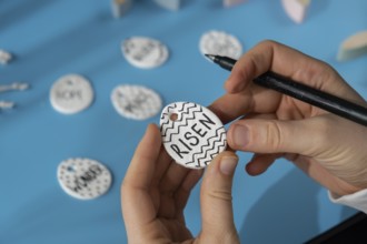 Master class writing word RISEN on EASTER clay egg Children air dry clay activity handicraft idea.