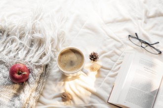 Cozy leisure concept with an open book, glasses, an apple on a fluffy shawl and a hot cup of