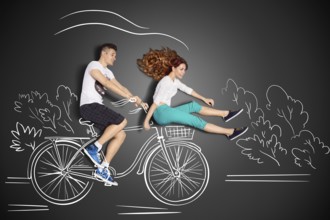 Happy valentines love story concept of a romantic couple against chalk drawings background. Male
