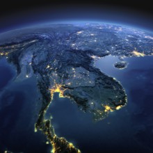 Night planet Earth with precise detailed relief and city lights illuminated by moonlight. Indochina