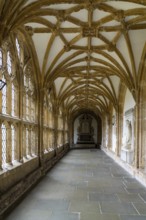 Wells, United Kingdom, 1 September, 2022: interior view of one of the corridors of the cloister of