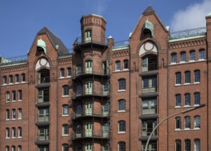 Hamburg, Speicherstadt built between 1883 and 1927, warehouse block W, façade facing Wandrahmfleet