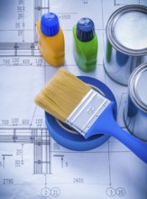Construction plan with paint brush metal cans plastic bottles and adhesive duct tape maintenance