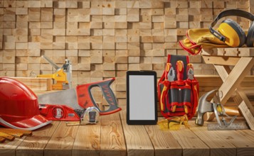Construction Carpenters Tools Set On Wooden Background Smartphone Screen Mock Up