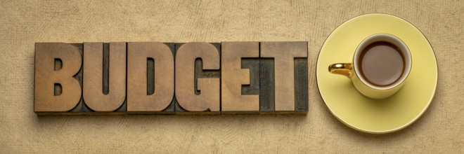 Budget word in vintage letterpress wood type block against textured bark paper with a cup of