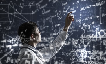 Young scientist works with scientific formulas. mixed media
