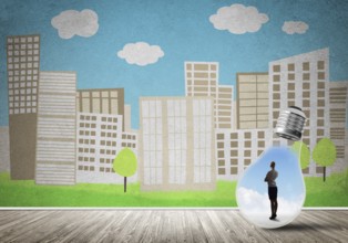 Businesswoman inside light bulb against city drawn concept