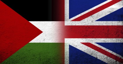 Flag of Palestine and National flag of United Kingdom. Grunge background