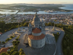 Basilica Santa Luzia at Sunrise. Viana do Castelo City, Portugal. Aerial Shot