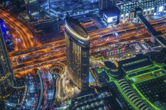 Dubai night view seen from the observation deck of Burj Khalifa. Shooting Location: Dubai
