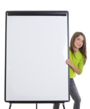 Child kid happy girl with blank flip chart white copy space smiling