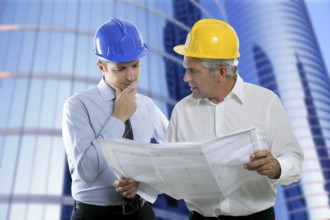 Architect engineer two expertise team plan talking hardhat skyscraper buildings