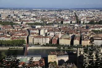 View from the Basilica of Notre-Dame de Fourviere to the city of Lyon, Auvergne-Rhone-Alpes,