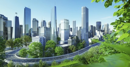 Virtual design green cityscape skyline with curvy highway road at beautiful daytime view. 3d