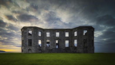 Ruins of Downhill Demesne with dramatic, moody sunset, front view, National Trust, Castlerock,