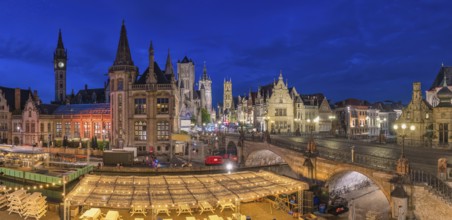 Ghent Belgium, panorama city skyline night at St Michael's Bridge (Sint-Michielsbrug) with Leie