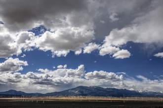 Wind turbines during a storm on Highway 50, Loneliest Road in America, Ely, Nevada, USA, North